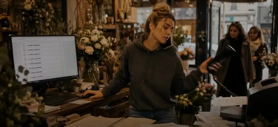 Une fleuriste au téléphone derrière son comptoir couvert de bons de commande